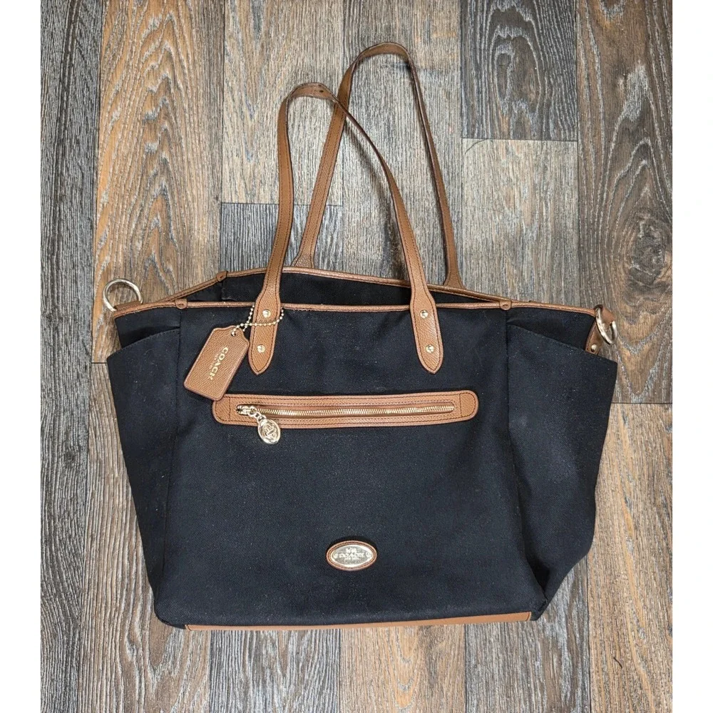 Coach Diaper Bag Tote Black Canvas Tan Leather Trim Gold Hardware F13803